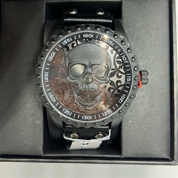 Ed Hardy Men’s Skull Print Dial Matte Black Studded Strap Analog Watch … - Picture 1 of 7